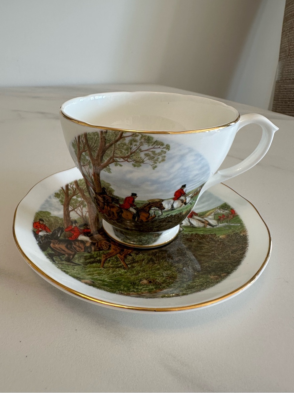 Vintage British Exchange Collection Bone China Teacup & Saucer w/ Fox Hunt Scene